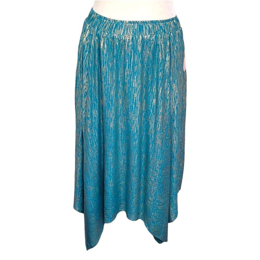 Nanette Lepore Teal Gold Metallic Midi Skirt Asymmetrical Festival Boho M NWT